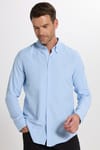 Erkek Slim Fit Dar Kesim Düz Oxford Armalı Düğmeli Yaka Mavi Spor Gömlek