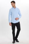 Erkek Slim Fit Dar Kesim Düz Oxford Armalı Düğmeli Yaka Mavi Spor Gömlek