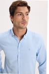 Erkek Slim Fit Dar Kesim Düz Oxford Armalı Düğmeli Yaka Mavi Spor Gömlek
