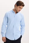 Erkek Slim Fit Dar Kesim Düz Oxford Armalı Düğmeli Yaka Mavi Spor Gömlek