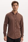 Erkek Slim Fit Dar Kesim Düz Oxford Armalı Düğmeli Yaka Kahverengi Spor Gömlek