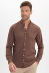 Erkek Slim Fit Dar Kesim Düz Oxford Armalı Düğmeli Yaka Kahverengi Spor Gömlek