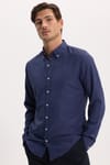 Erkek Slim Fit Dar Kesim Düz Oxford Armalı Düğmeli Yaka Lacivert Spor Gömlek
