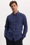 Erkek Slim Fit Dar Kesim Düz Oxford Armalı Düğmeli Yaka Lacivert Spor Gömlek