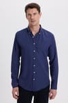 Erkek Slim Fit Dar Kesim Düz Oxford Armalı Yaka Düğmeli Lacivert Spor Gömlek