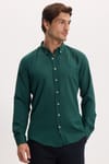 Erkek Slim Fit Dar Kesim Düz Oxford Armalı Düğmeli Yaka Haki Spor Gömlek