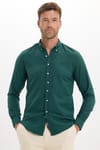 Erkek Slim Fit Dar Kesim Düz Oxford Armalı Düğmeli Yaka Haki Spor Gömlek