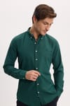 Erkek Slim Fit Dar Kesim Düz Oxford Armalı Düğmeli Yaka Haki Spor Gömlek