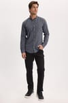 Erkek Slim Fit Dar Kesim Düz Oxford Armalı Düğmeli Yaka Antrasit Spor Gömlek
