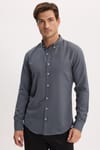 Erkek Slim Fit Dar Kesim Düz Oxford Armalı Düğmeli Yaka Antrasit Spor Gömlek