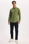 Erkek Slim Fit Dar Kesim Düz Oxford Armalı Düğmeli Yaka Yeşil Spor Gömlek