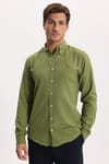 Erkek Slim Fit Dar Kesim Düz Oxford Armalı Düğmeli Yaka Yeşil Spor Gömlek