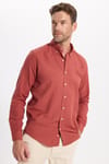 Erkek Slim Fit Dar Kesim Düz Oxford Armalı Düğmeli Yaka Kiremit Spor Gömlek