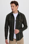 Erkek Slim Fit Dar Kesim Kareli Cepli Haki Oduncu Gömlek