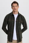 Erkek Slim Fit Dar Kesim Kareli Cepli Haki Oduncu Gömlek