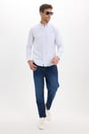 Erkek Slim Fit Dar Kesim %100 Pamuk Düğmeli Yaka Çizgili Uzun Kollu Cepli Keten Efektli Mavi Gömlek