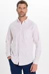 Erkek Slim Fit Dar Kesim %100 Pamuk Düğmeli Yaka Çizgili Uzun Kollu Cepli Keten Bej Gömlek