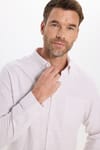 Erkek Slim Fit Dar Kesim %100 Pamuk Düğmeli Yaka Çizgili Uzun Kollu Cepli Keten Bej Gömlek