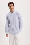 Erkek Slim Fit Dar Kesim %100 Pamuk Düğmeli Yaka Çizgili Uzun Kollu Cepli Keten Lacivert Gömlek
