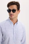 Erkek Slim Fit Dar Kesim %100 Pamuk Düğmeli Yaka Çizgili Uzun Kollu Cepli Keten Efektli Lacivert Gömlek