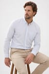 Erkek Slim Fit Dar Kesim Yaka Düğmeli Çizgili Uzun Kollu Cepli Keten Efektli Gömlek