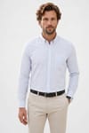 Erkek Slim Fit Dar Kesim Yaka Düğmeli Çizgili Uzun Kollu Cepli Keten Efektli Gömlek