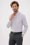 Erkek Slim Fit Dar Kesim Yaka Düğmeli Çizgili Uzun Kollu Cepli Keten Efektli Gömlek