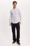 Erkek Slim Fit Dar Kesim %100 Pamuk Düğmeli Yaka Çizgili Uzun Kollu Cepli Keten Efektli Haki Gömlek