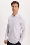 Erkek Slim Fit Dar Kesim %100 Pamuk Düğmeli Yaka Çizgili Uzun Kollu Cepli Keten Efektli Haki Gömlek
