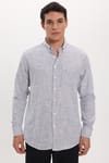 Erkek Slim Fit Dar Kesim %100 Pamuk Düğmeli Yaka Çizgili Uzun Kollu Cepli Keten Siyah-Beyaz Gömlek