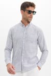 Erkek Slim Fit Dar Kesim %100 Pamuk Düğmeli Yaka Çizgili Uzun Kollu Cepli Keten Siyah-Beyaz Gömlek