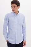 Erkek Slim Fit Dar Kesim %100 Pamuk Düğmeli Yaka Çizgili Uzun Kollu Cepli Keten Efektli Mavi Gömlek