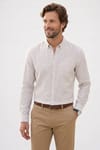 Erkek Slim Fit Dar Kesim Yaka Düğmeli Çizgili Uzun Kollu Cepli Keten Efektli Gömlek