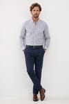 Erkek Slim Fit Dar Kesim Yaka Düğmeli Çizgili Uzun Kollu Cepli Keten Efektli Gömlek