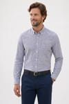 Erkek Slim Fit Dar Kesim Yaka Düğmeli Çizgili Uzun Kollu Cepli Keten Efektli Gömlek
