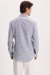 Erkek Slim Fit Dar Kesim %100 Pamuk Düğmeli Yaka Çizgili Uzun Kollu Cepli Keten Lacivert Gömlek