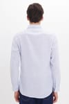 Erkek Slim Fit Dar Kesim %100 Pamuk Düğmeli Yaka Çizgili Uzun Kollu Cepli Keten Efektli Mavi Gömlek