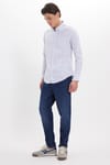 Erkek Slim Fit Dar Kesim %100 Pamuk Düğmeli Yaka Çizgili Uzun Kollu Cepli Keten Efektli Mavi Gömlek