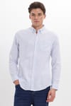 Erkek Slim Fit Dar Kesim %100 Pamuk Düğmeli Yaka Çizgili Uzun Kollu Cepli Keten Efektli Mavi Gömlek