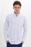 Erkek Slim Fit Dar Kesim %100 Pamuk Düğmeli Yaka Çizgili Uzun Kollu Cepli Keten Efektli Mavi Gömlek