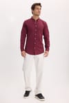 Erkek Slim Fit Dar Kesim %100 Pamuk Düğmeli Yaka Flam Keten Bordo Gömlek