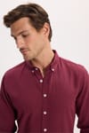 Erkek Slim Fit Dar Kesim %100 Pamuk Düğmeli Yaka Flam Keten Bordo Gömlek
