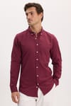 Erkek Slim Fit Dar Kesim %100 Pamuk Düğmeli Yaka Flam Keten Bordo Gömlek