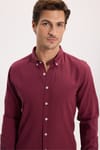 Erkek Slim Fit Dar Kesim %100 Pamuk Düğmeli Yaka Flam Keten Bordo Gömlek