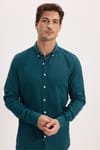Erkek Slim Fit Dar Kesim %100 Pamuk Düğmeli Yaka Flam Keten Yeşil Gömlek