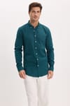 Erkek Slim Fit Dar Kesim %100 Pamuk Düğmeli Yaka Flam Keten Yeşil Gömlek