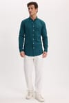 Erkek Slim Fit Dar Kesim %100 Pamuk Düğmeli Yaka Flam Keten Yeşil Gömlek