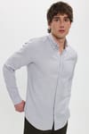 Erkek Slim Fit Dar Kesim %100 Pamuk Düğmeli Yaka Flam Keten Gri Gömlek