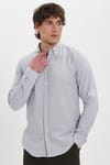 Erkek Slim Fit Dar Kesim %100 Pamuk Düğmeli Yaka Flam Keten Gri Gömlek