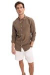 Erkek Slim Fit Dar Kesim %100 Pamuk Düğmeli Yaka Flam Keten Haki Gömlek